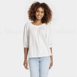 Knox Rose Women's White 3/4 Bishop Sleeve Smocked Top